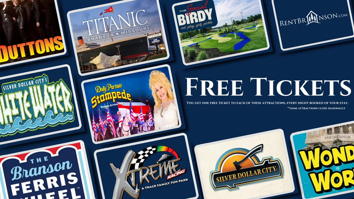 A bright, graphical interior display featuring 'Free Tickets' and logos for Branson attractions, with colorful visuals evoking fun and excitement. The display hints at the broad range of entertainment options available nearby.